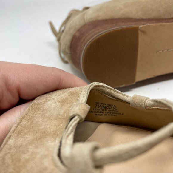 Vince Camuto Rochela Suede Wedge Size 7.5 Sandal Lace-up Tan Peep Toe - Picture 12 of 13